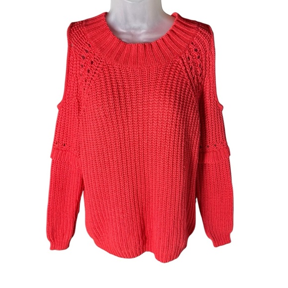 Anthropologie Sachin & Babi Wool Blend Red Cold Shoulder Chunky Knit Sweater M - Picture 2 of 9